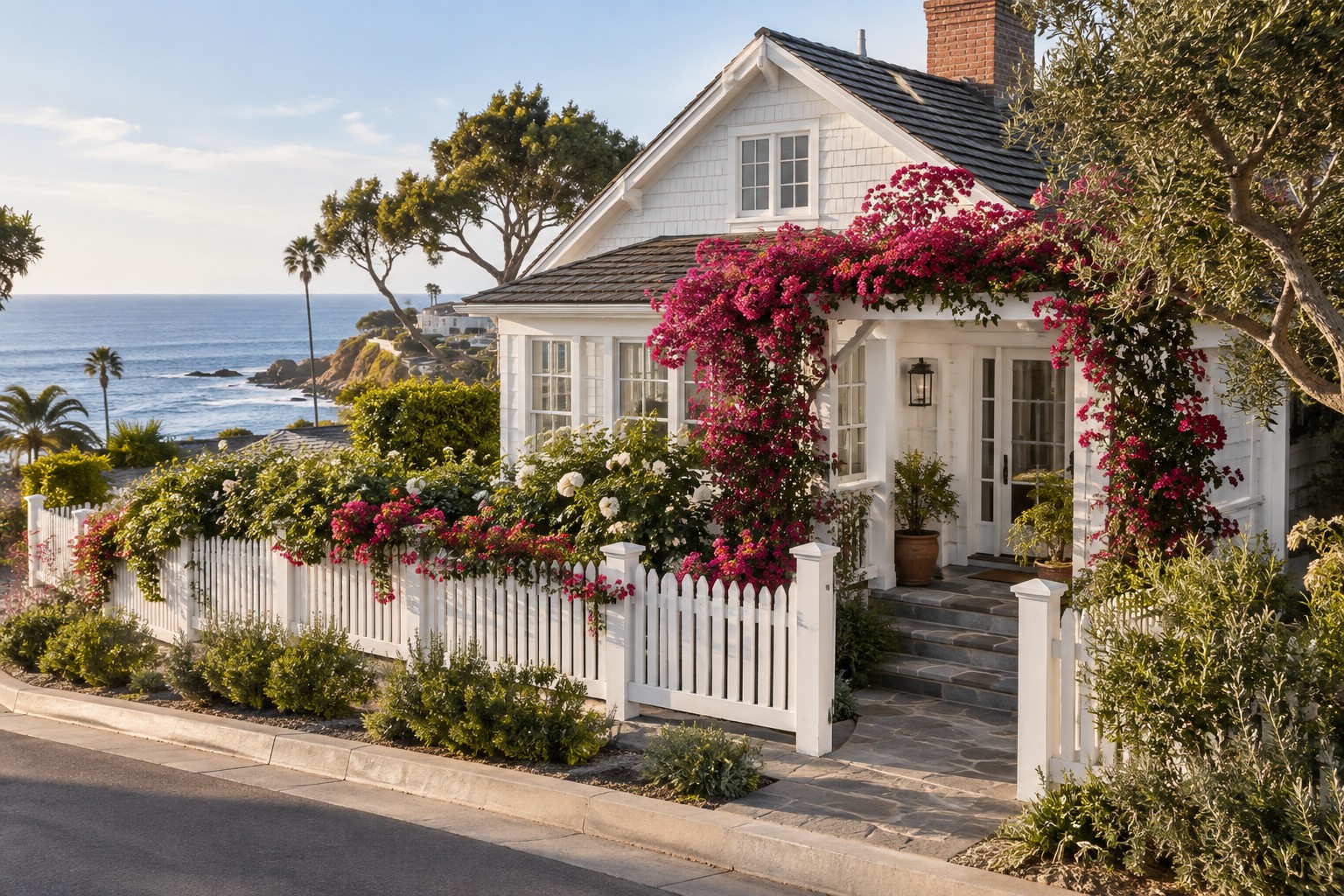 A white coastal California cottage with a picket fence and flowering vines, illustrative