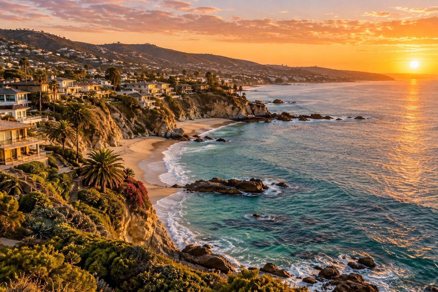 Coastal Orange County cliffs and shoreline at sunset, illustrative