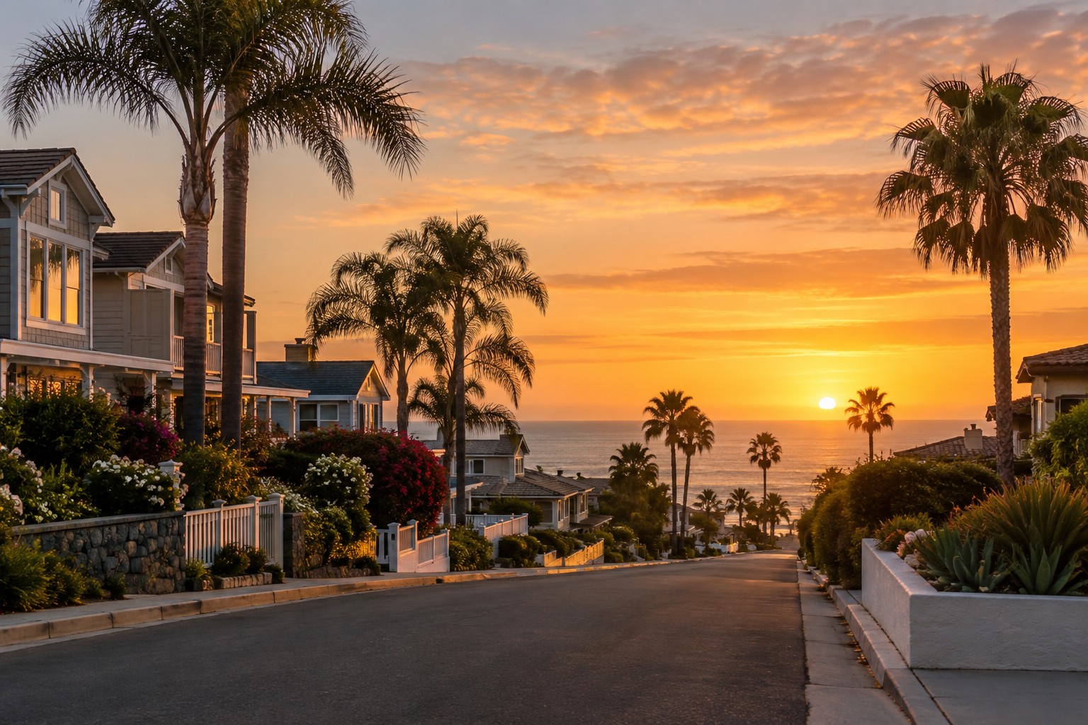 A quiet coastal California residential street at sunset, illustrative