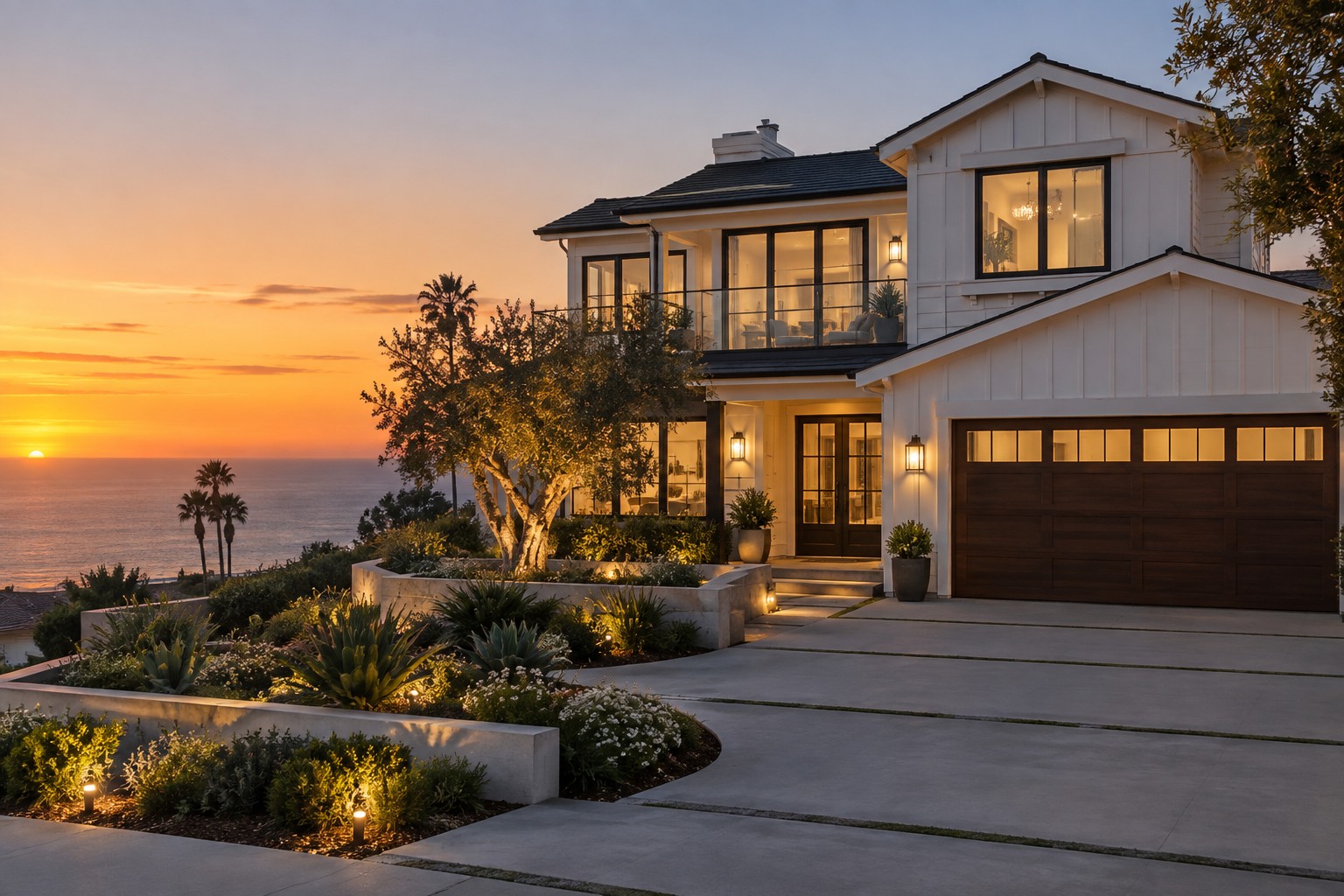 A coastal California home exterior at dusk, illustrative