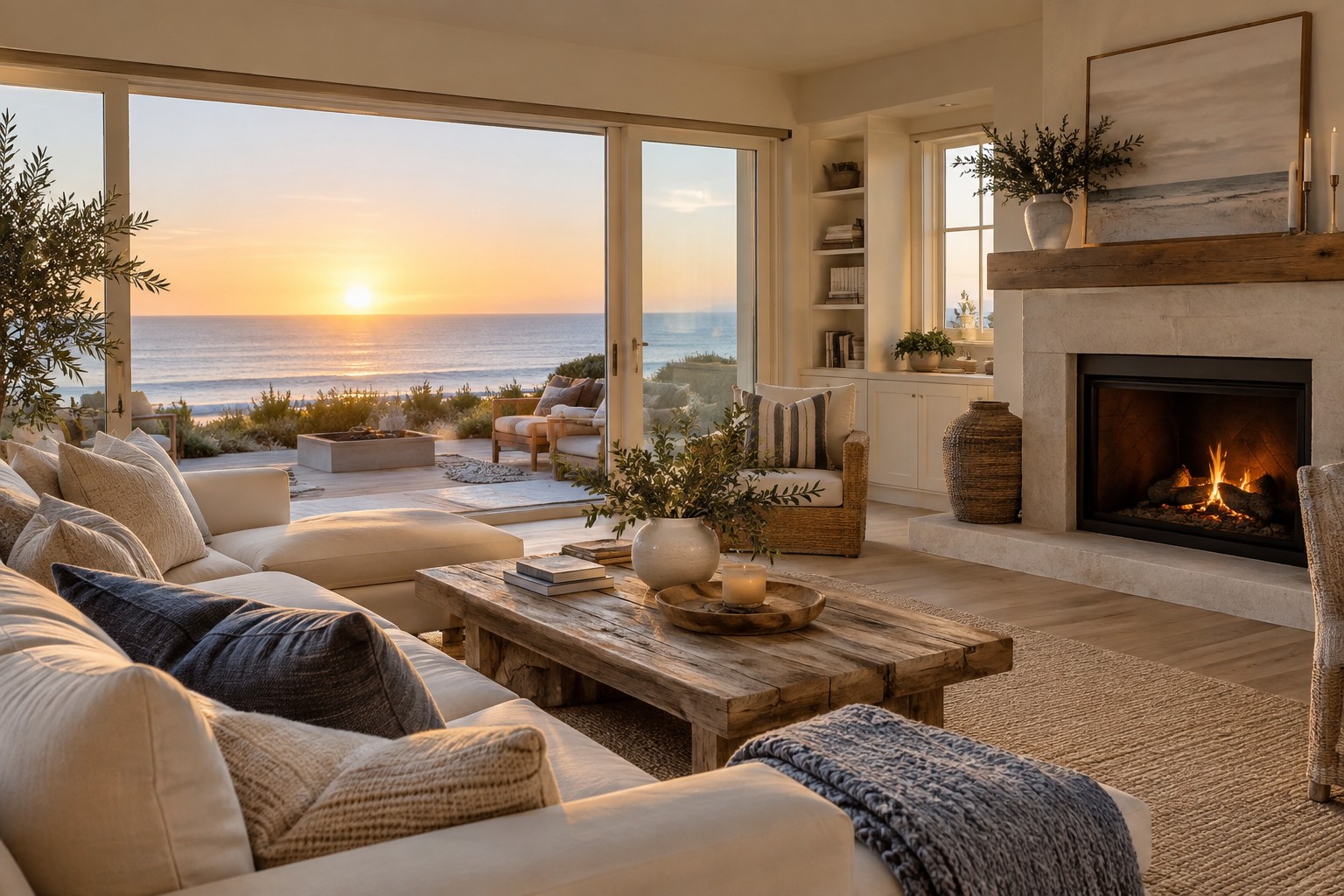 A cozy coastal California living room with a fireplace, illustrative