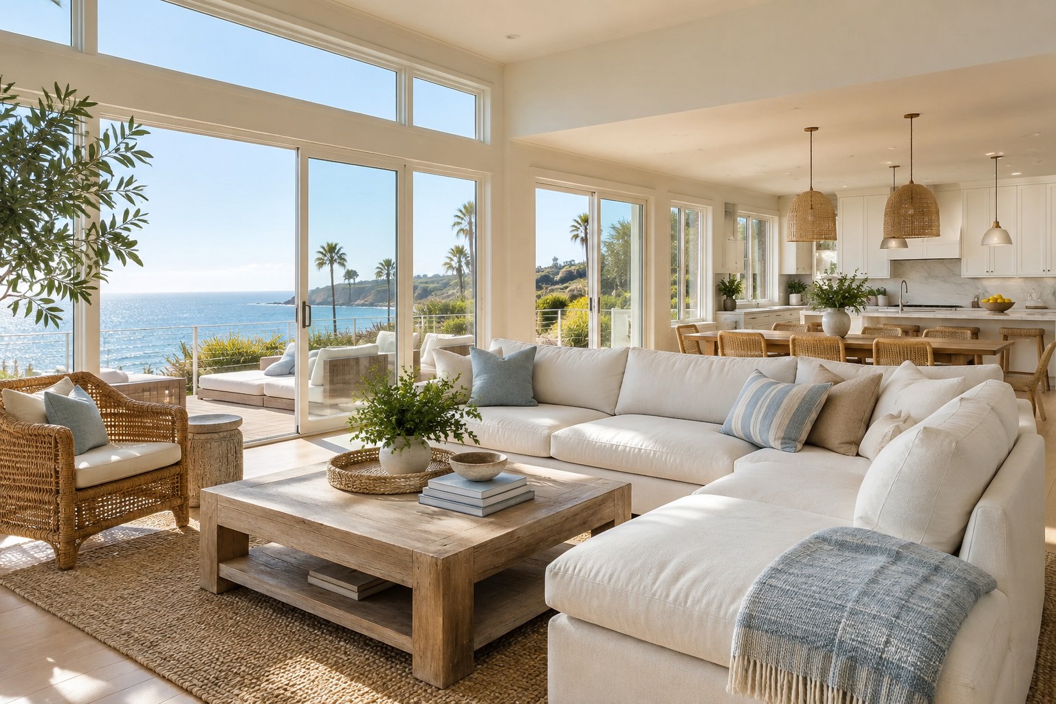 A bright Coastal Orange County living room interior, illustrative